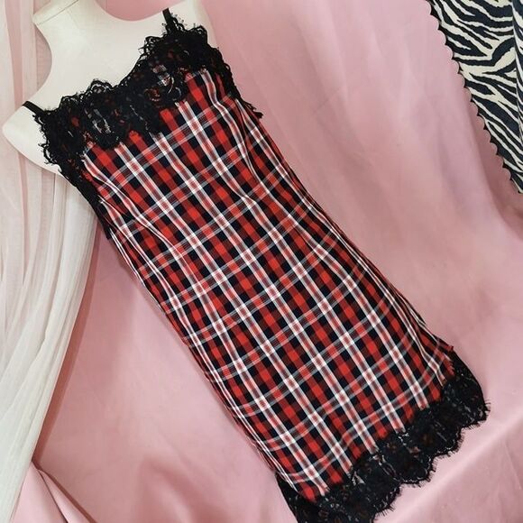 Rady Size Small Red Plaid Black Lace Mini Dress Bright Office Casual Party Prom - Picture 1 of 10